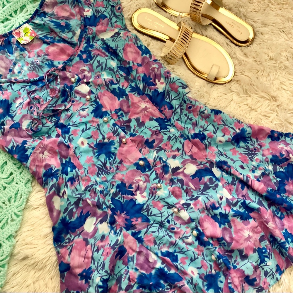Rare Free People Blue Floral Print Mini Dress